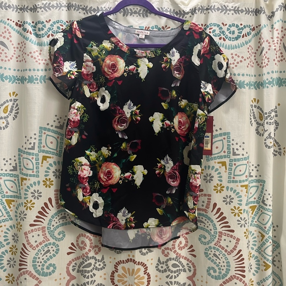Merona black floral print blouse